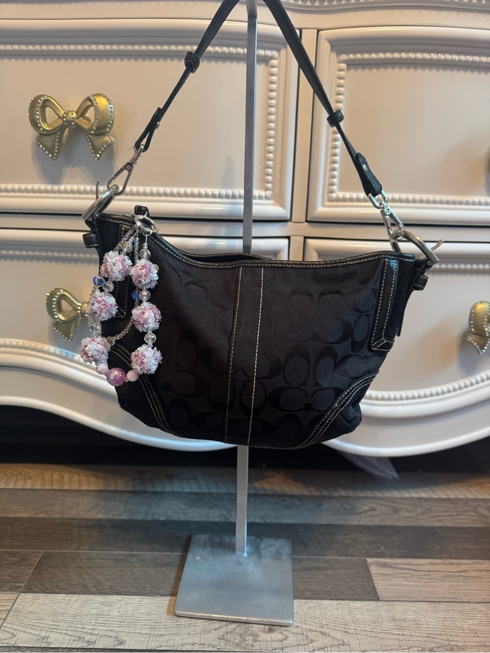 Coach Black Signature Jacquard Hobo with Beaded Charm